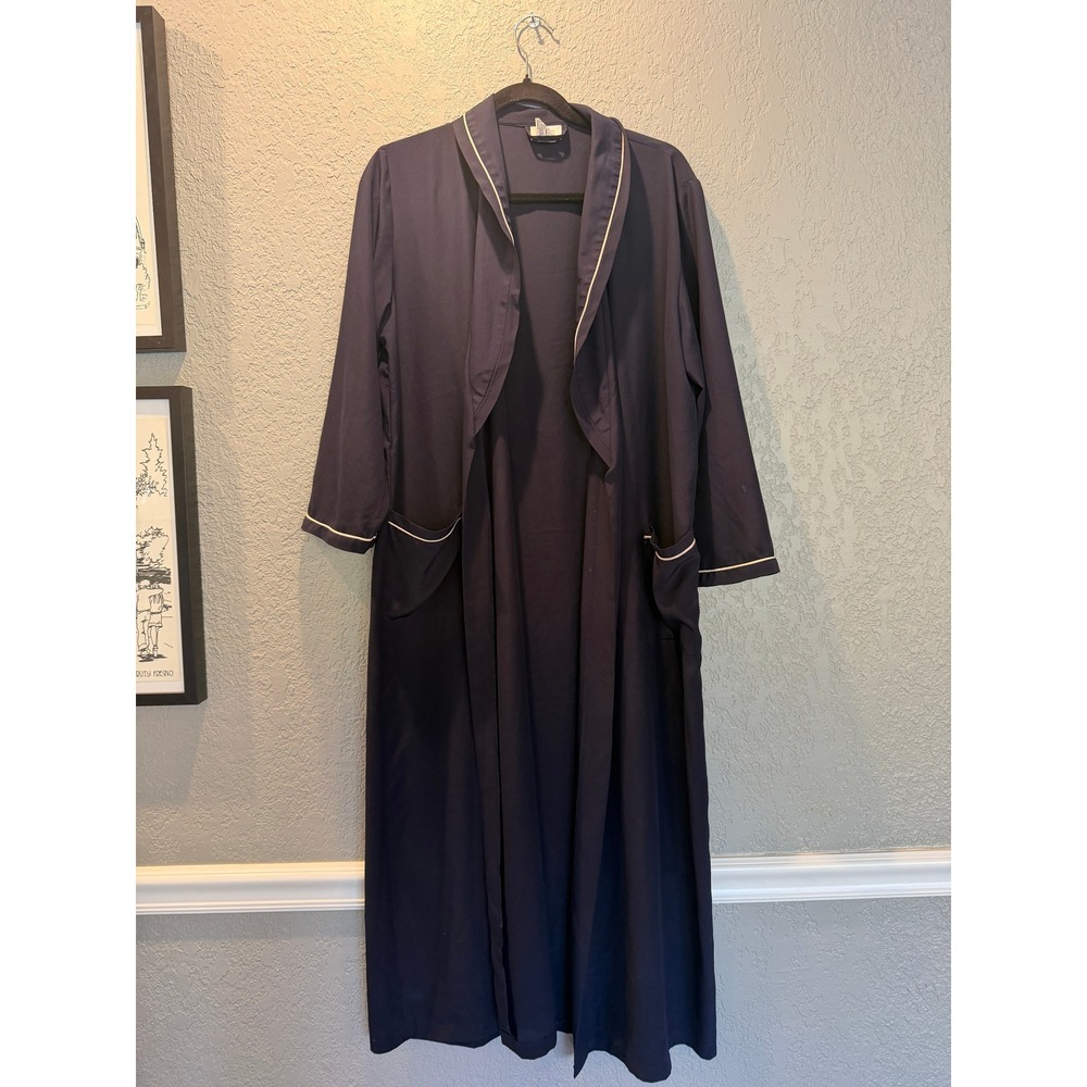 Talbots Intimates Navy Blue Long Robe White Contrast Piping Petite M